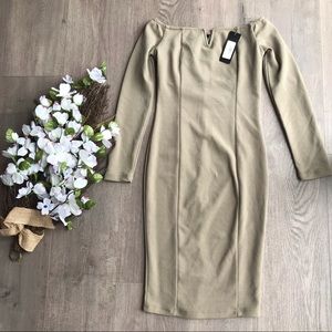 Long sleeve off the shoulder midi beige dress NWT